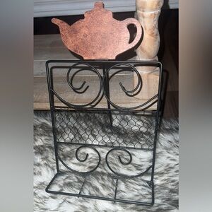 Vintage Teapot Cookbook Stand Metal Wire Farmhouse Display Rack Wood Top